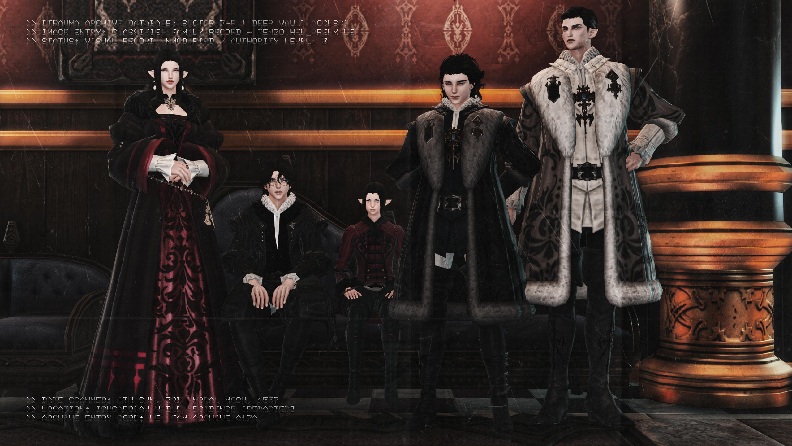 Hel Family An official family portrait from a noble Ishgardian residence. At center seated: Tenzo Hel, pre-exile, surrounded by immediate relatives. Standing to his right is Aurelien 'Rel' Hel, Knight-Captain; confident and stately. On the far right stands Sylvain 'S