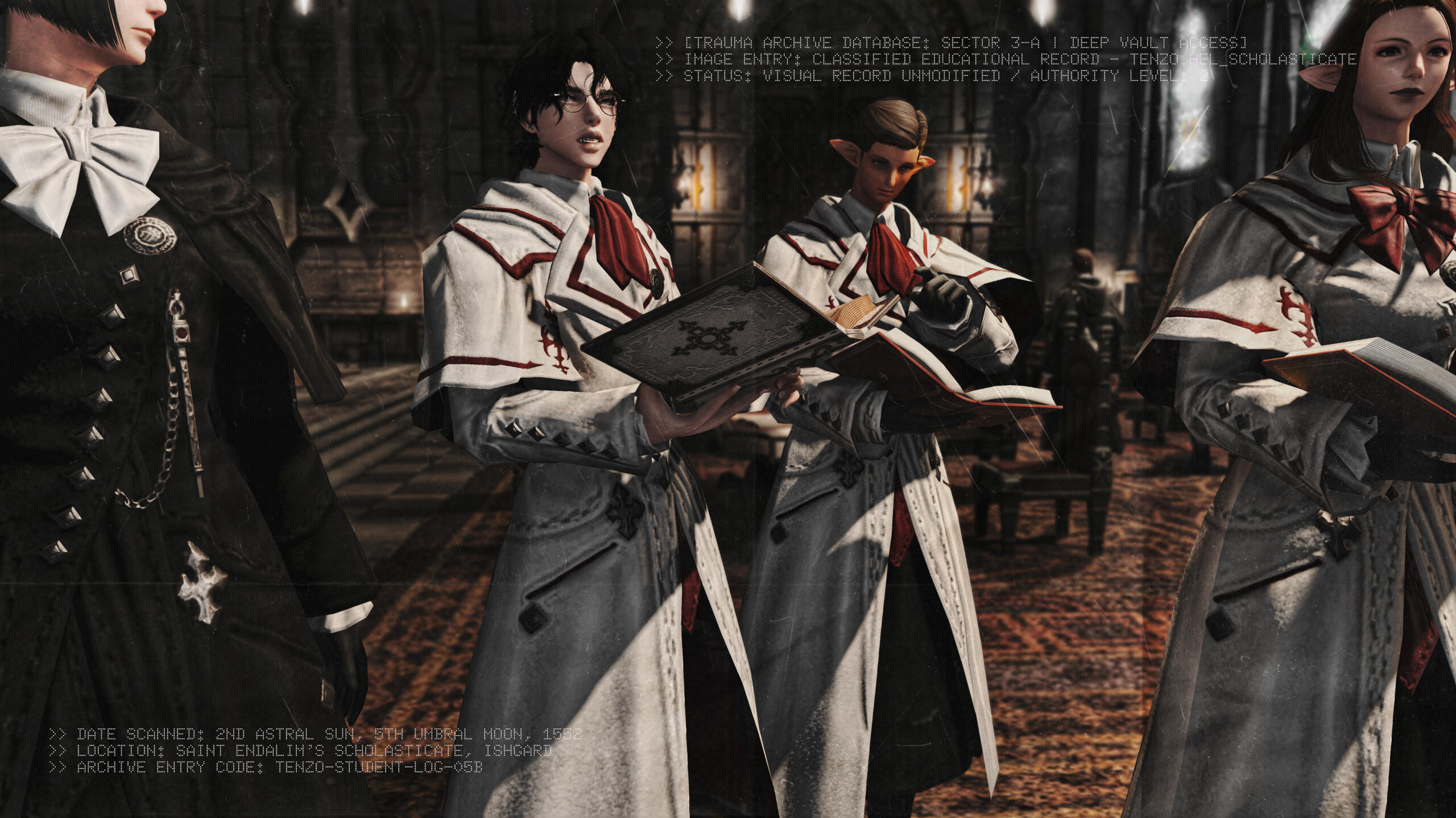 TENZO-STUDENT-LOG-05B A scanned archival image from Saint Endalim’s Scholasticate. Shows Tenzo Hel (center left) as a young student, dressed in the standard white and crimson clerical robes, holding an open tome. His expression is withdrawn and distracted, hair unkempt. Flanked